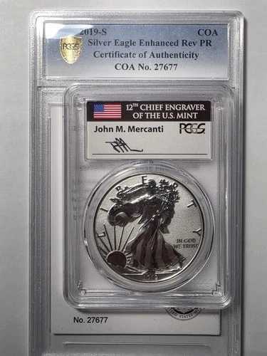 2019-S リバースプルーフ アメリカンシルバーイーグル PCGS PR70 FS COA付き Mercanti サイン入り