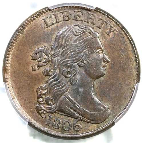 1806 C-1 PCGS AU 58 Lg 6、ステムドレープバストハーフセントコイン 1/2c