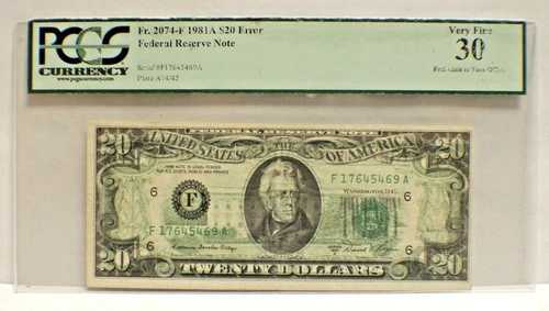 Fr#2074-A PCGS 30 $20 1981A FRN エラー選択 30