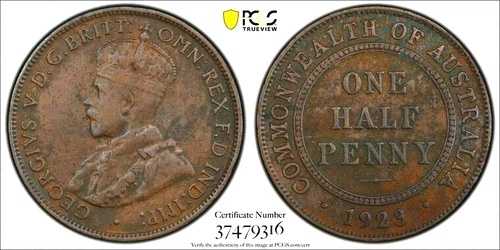 オーストラリア 1923年 ハーフペニー 希少 キーデート ローミント PCGS グレード VF25 CV $3490.00