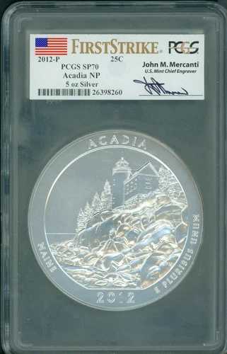 2012-P アカディア・アメリカ 美しいATB 5オンス シルバー PCGS SP70 マーカンティ ファーストストライク｜WORLD RESOURCE【QUEEN店】