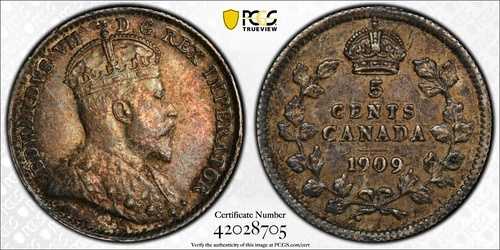 カナダ 5セント 1909年 丸型葉っぱクロス/蝶ネクタイ 光沢あり AU 55｜WORLD RESOURCE【QUEEN店】 449,955円