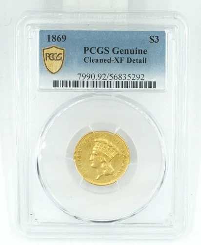 1869年 PCGS純正クリーニング済み XFディテール 3ドル金貨 インディアンプリンセス