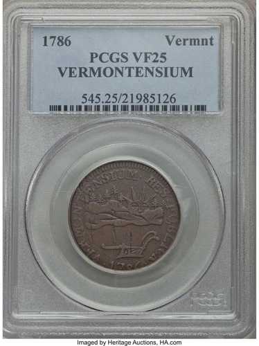 1786年 バーモント・ランドスケープ銅貨 VERMONTENSIUM RR-6 PCGS VF25 証明書番号 21985126 400,400円