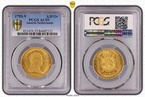 オーストリア - オランダ、フランツ1世金貨、スーベニア・ドール、1793-V、PCGS、AU 55、RARE5
