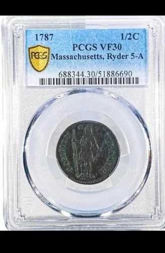 1787年 マサチューセッツ ハーフセント ライダー 5-A PCGS VF30BN 希少コロニアルコイン