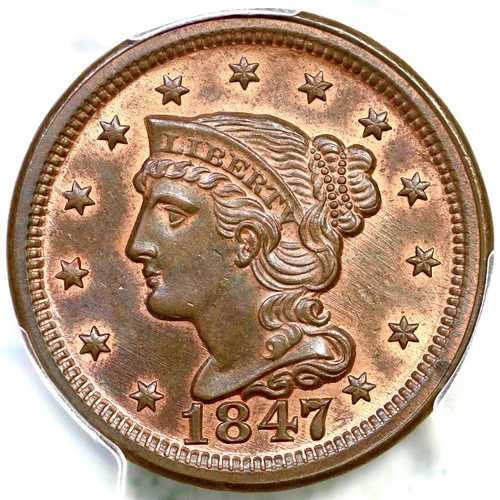 1847 N-24a R-1 PCGS MS 64 RB 編み込みヘア ラージセントコイン 1セント