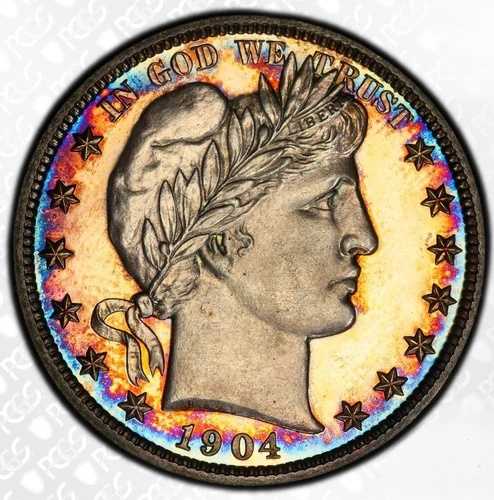 1904年製バーバー・ハーフダラー、PCGSプルーフ62！見事なレインボートーン！良質品！