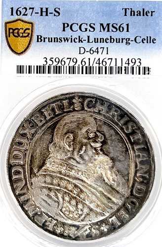 ドイツ諸州 ブラウンシュヴァイク＝リューネブルク 1627年 ターラー貨幣 ターラー PCGS MS61 VZ/F.STG UNC