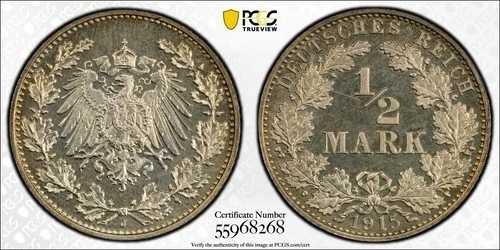 1915 J ドイツ帝国 銀貨 1/2 マーク PCGS PR65 ドイツコイン ?