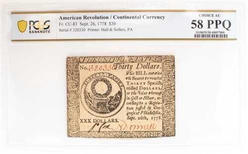 CC-83、1778 年 9 月 26 日、30 大陸通貨、「SI RECTE FACIES」、PCGS 58 PPQ