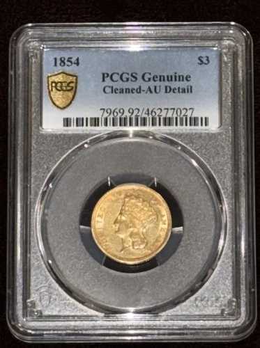 希少 1854年 3ドル インディアン プリンセスヘッド金貨 PCGS AU-clean (138,000枚のみの鋳造)