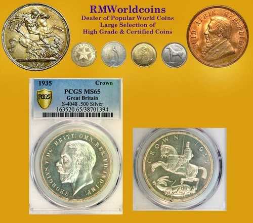 英国製 1935年 クラウン、ジェムフロストカメオ標本 PCGS SP 65 PQ、誤記 MS65