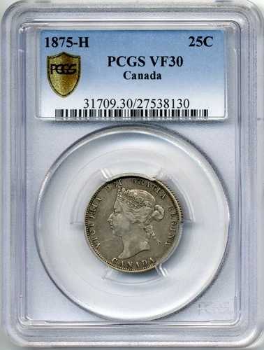 1875-H カナダ 25セント - チョイス・ベリーファイン、PCGS VF30。希少なキーデート
