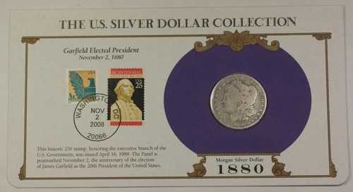 1880年 モルガン銀貨 1ドル硬貨（消印あり PCS ホルダー入り、切手2枚付き）（B）
