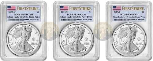 2025年 (PR70) 陸軍/海軍/海兵隊 プルーフ シルバー イーグル (3枚セット) PCGS FS
