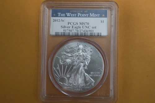 2012-W バーニッシュドシルバーイーグル PCGS MS70 UNC (年次ドルセット) - 希少 - スポッテッド