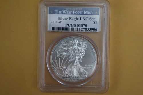 2012-W バーニッシュドシルバーイーグル PCGS MS70 UNC (年次ドルセット) - 希少 - スポッテッド