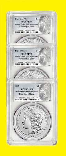 2021年 モルガン CC O P シルバードル 3枚セット PCGS MS 70 初日発行