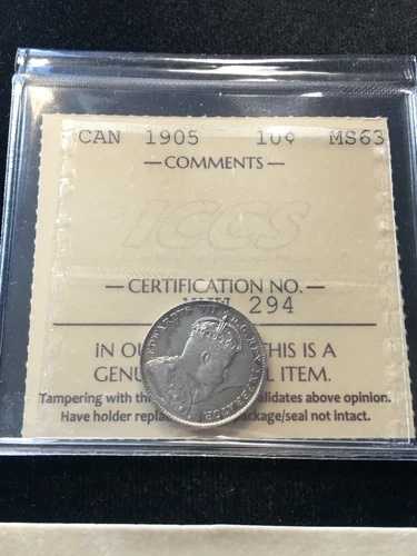 1905年 ICCS グレードカナダ、10セント、**MS-63** # XNW 294 318,285円
