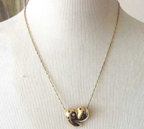 14K YG パフハート スライダーペンダントセット 宝石付き 繊細な20インチチェーン 9.19g