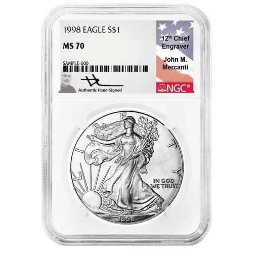 1998年 1ドル 1オンス アメリカンシルバーイーグル NGC MS70 メルカンティ フラッグシグネチャーラベル