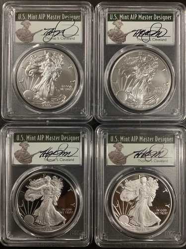 2019-(W) PCGS SP70&PR70 シルバーイーグルス (4枚セット) FDOI クリーブランド サイン入り