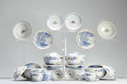 アンティーク 明治時代のカップまたは茶碗のセット 磁器 風景画