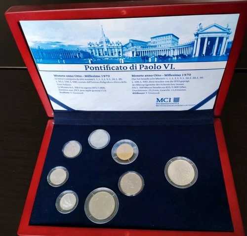 バチカン流通コインセット 1970年 銀貨 + 高品質木製ケース パオロ6世 Ag 835 エクセレントセット Art. 004 --
