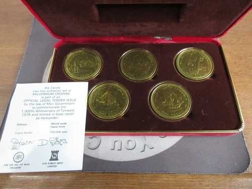 1979 IOM ミレニアム オブ ティンワルド Cu-Ni BUnc 5 x 1 クラウン セット (箱入り) + COA