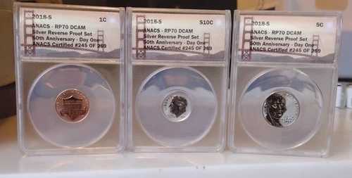 2018年リバースプルーフセット。10セント、5セント、1セント。Anacs Pr70 dcam #245/259。希少なセット