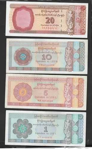 ビルマ/ミャンマー通貨 1993-6年発行外貨証明書セット AUNC/XF