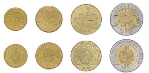 ウルグアイ 1-10 ペソ 4枚セット、2011-2014年、KM #134-137、新品 X 10 PCS