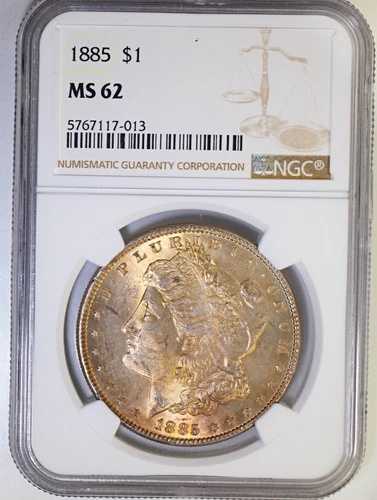 1885年 モルガン銀貨 NGC MS62 グレートレッドオレンジトーン表面