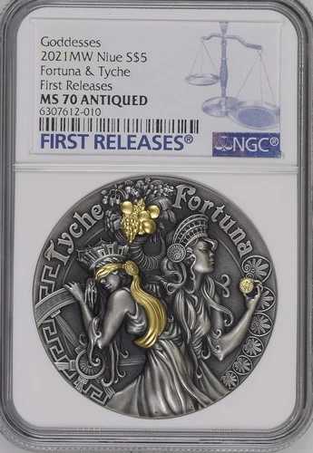 フォルトゥナとテュケの女神 2021年 ニウエ 2オンス アンティーク仕上げ 銀貨 5ドル NGC MS 70|WORLD RESOURCE【QUEEN店】