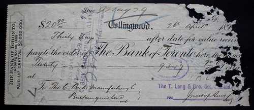 1899年 トロント銀行コリングウッド小切手-C. Beck Mfg-T. Long & Bro. CO. LTD.-|WORLD RESOURCE【QUEEN店】