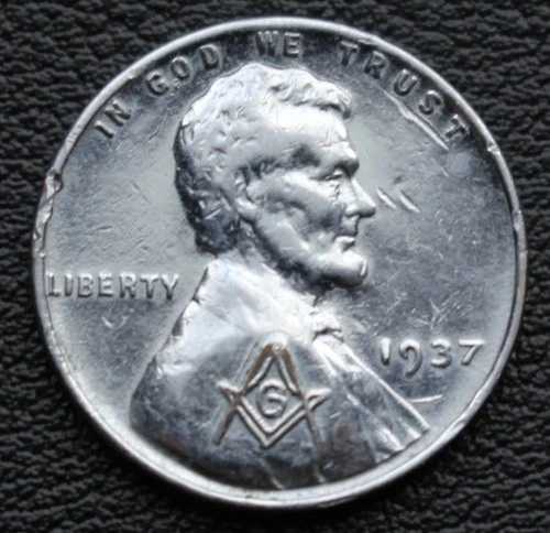1937年 アメリカ 1セント メッキ硬貨 - 刻印入りフリーメイソンシンボル - リンカーンウィート|WORLD RESOURCE【QUEEN店】