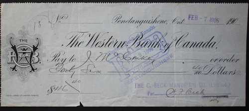 1906年 カナダのウエスタンバンクは、C. Beck Mfgから46.40 ドルで発行された小切手を使用しました。-|WORLD RESOURCE【QUEEN店】