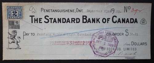 1929 年カナダ標準銀行ペネタン水 & ライト 2 &cent; スタンプ付き小切手-｜WORLD RESOURCE【QUEEN店】