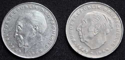 ドイツ 2 マーク-銅-ニッケル-2 1969d & 1975f-K Adenauer & T Heuss-|WORLD RESOURCE【QUEEN店】