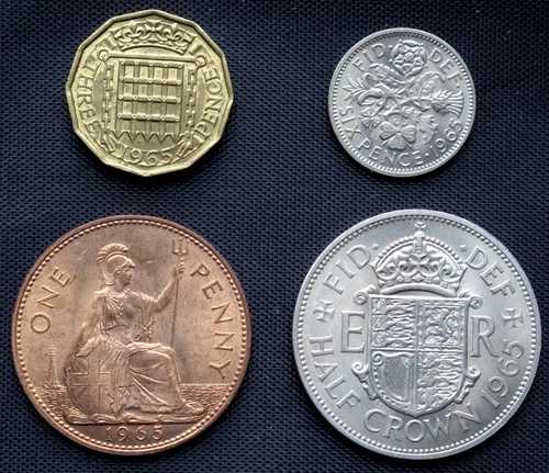 1965年 イギリス グレートブリテン 硬貨4枚セット - 1ペニー、ハーフクラウン、3ペンス、6ペンス|WORLD RESOURCE【QUEEN店】