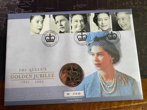 2002年ゴールデンジュビリー5ポンド切手初日カバー(PNC発行、英国王立造幣局発行)|WORLD RESOURCE【QUEEN店】
