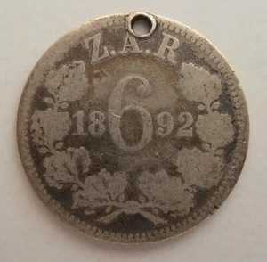 南アフリカ シルバー 6 ペンス 1892 穴のみ 28K 鋳造-|WORLD RESOURCE【QUEEN店】