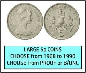 5ペンス硬貨 プルーフ&バンドル 年号とグレードを選択 大型 1968-1990 23.59mm 古い|WORLD RESOURCE【QUEEN店】