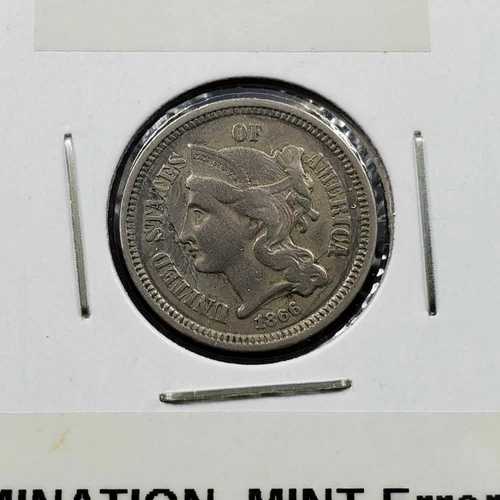 1866年 3セント リバティ ニッケル硬貨 CH XF EF / AU ブランシェットラミネーションエラー|WORLD RESOURCE【QUEEN店】