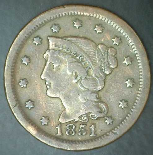 1851 / 81 米国 編み込みヘア ラージセント銅貨 VF 1c 非常に良好 1851/81｜WORLD RESOURCE【QUEEN店】