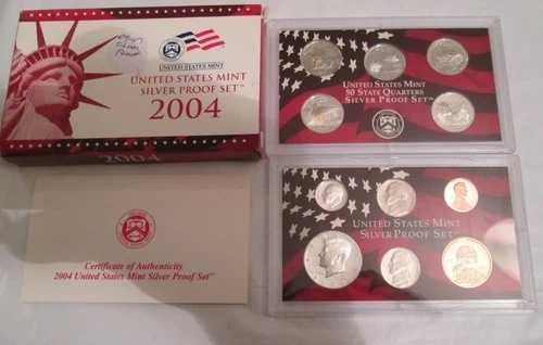 2004年銀貨プルーフセット 米国造幣局製ボックスと鑑定書付き 11枚入り 5州銀貨(25セント硬貨)|WORLD RESOURCE【QUEEN店】