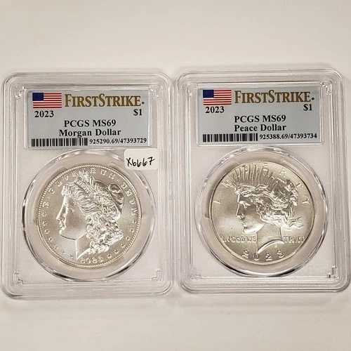 2023年 1ドル モーガン＆ピース銀貨 2枚セット 1.72 ASW - PCGS MS 69 - X6667｜WORLD RESOURCE【QUEEN店】