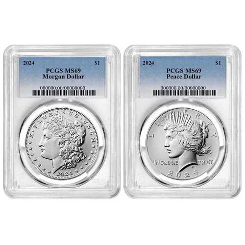 2枚セット - 2024年 1ドル モーガン&ピース銀貨 PCGS MS69 ブルーラベル|WORLD RESOURCE【QUEEN店】