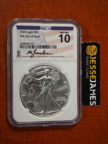2023年シルバーイーグル NGC NGCX MS10 初日発行 マイケル・ガウディオーソ直筆サイン入りラベル|WORLD RESOURCE【QUEEN店】